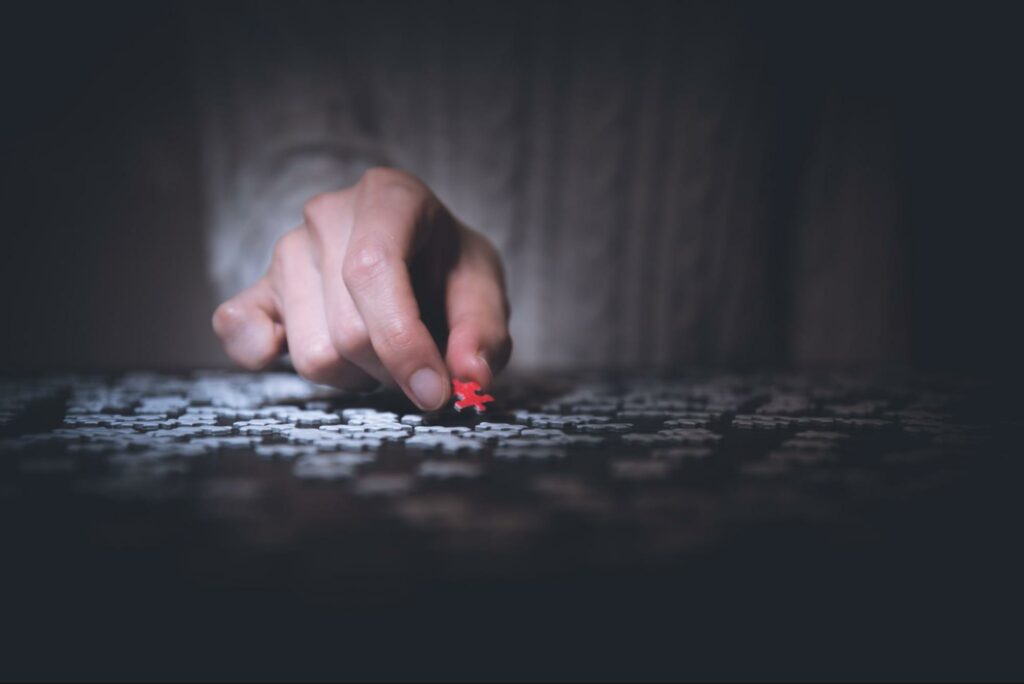 A person holding a red jigsaw puzzle