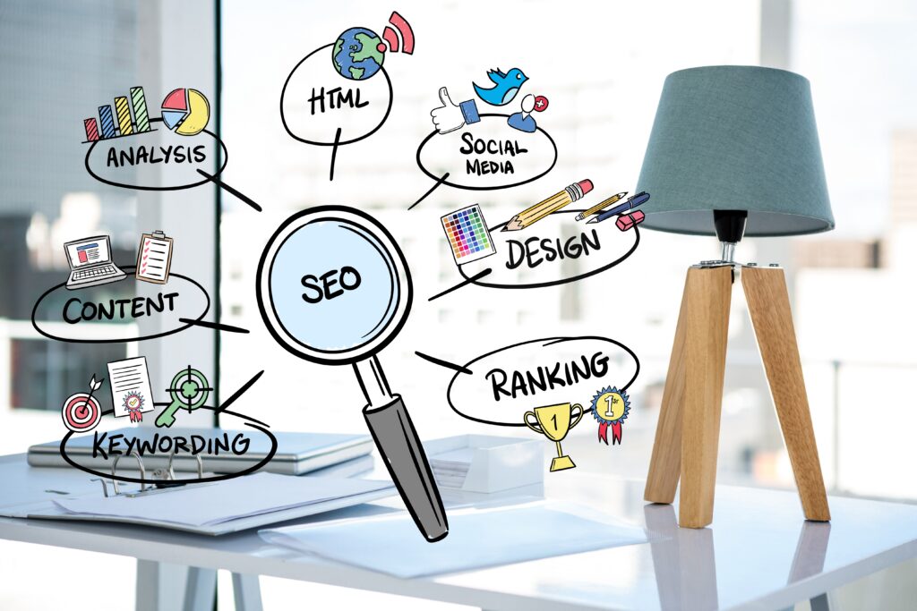 Cartoon magnifying glass representing seo tools, target keyword, content research and other digital marketing features