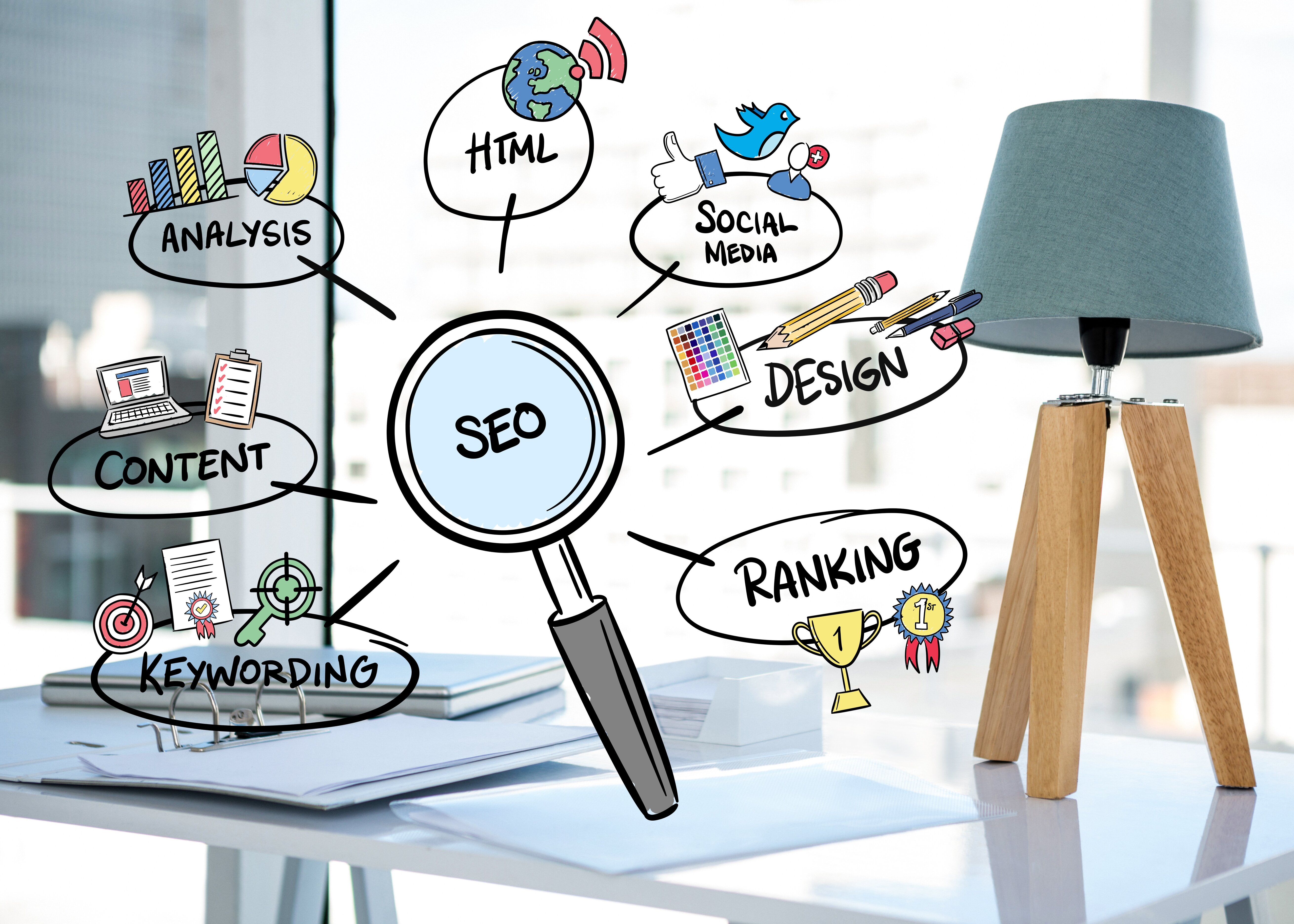 digital composite of business graphics with office background