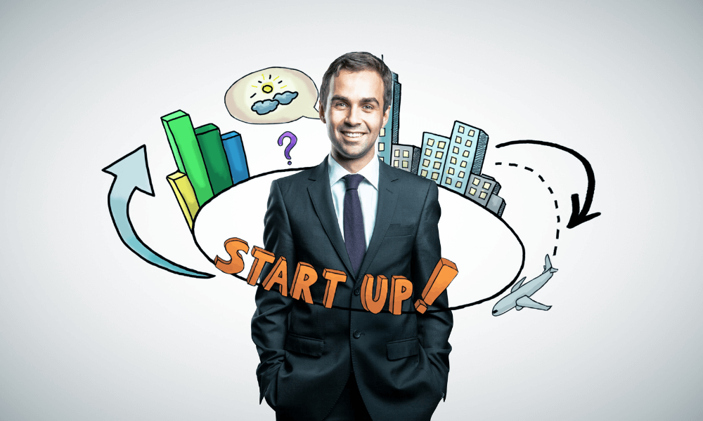 Startup founder surrounded by a graphic that says 'startup!'