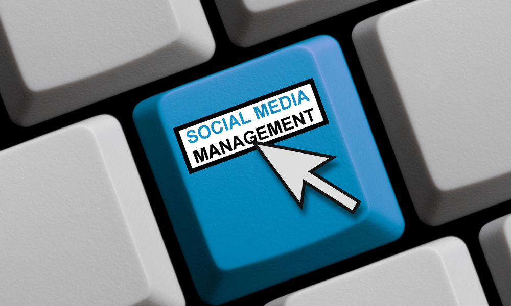 Keyboard with a key that says social media management