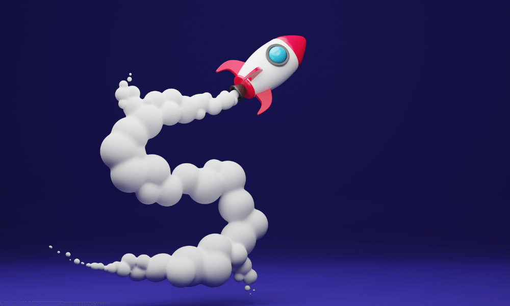 Graphic of a rocket taking off signifying scaling and growth for a startup