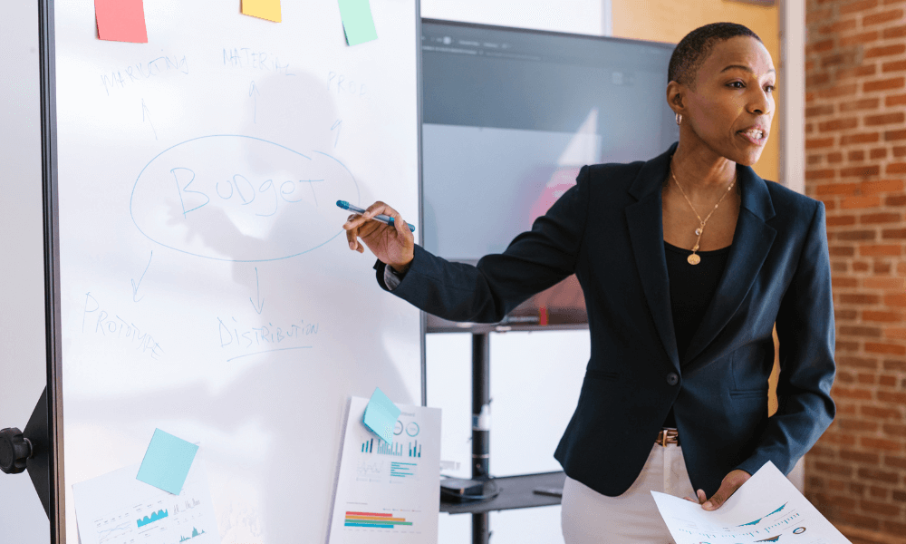Female startup founder in front of a whiteboard