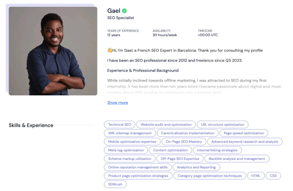 screenshot of a Quickly Hire Pro's profile page. It shows a profile pic of the pro along with information about their year's of experience, availability and skillset. 