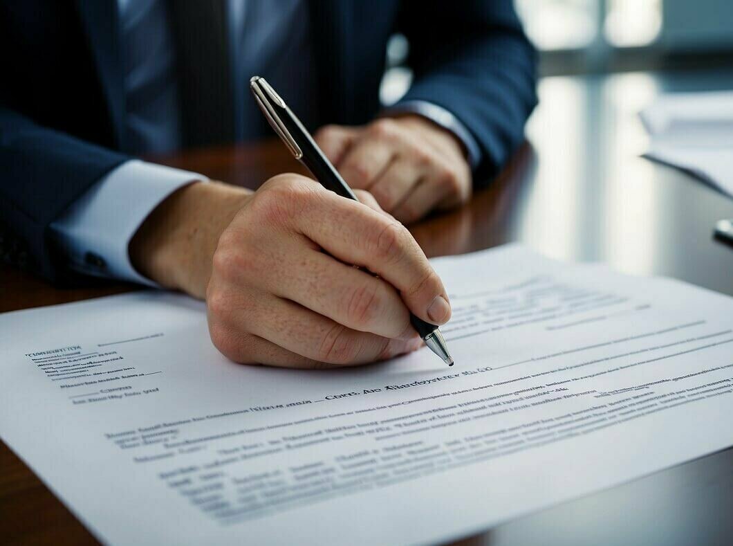 A contract being signed and stamped by two parties in a professional office setting