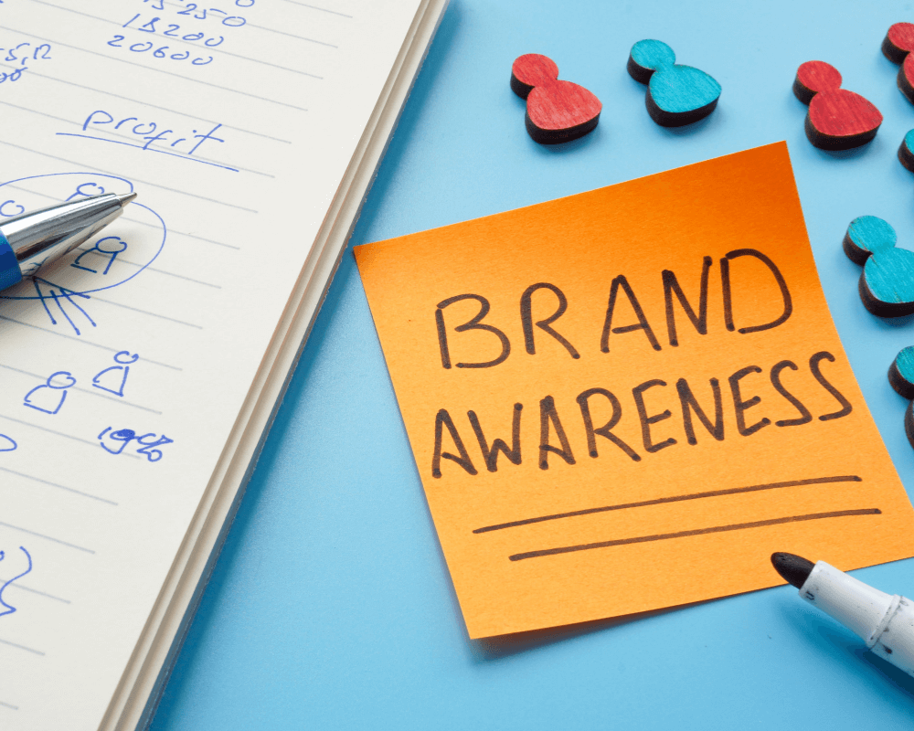 a sticky note with brand awareness written on it