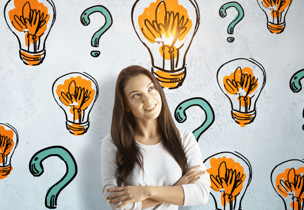 an image of a lady with question marks in the background and globes representing ideas