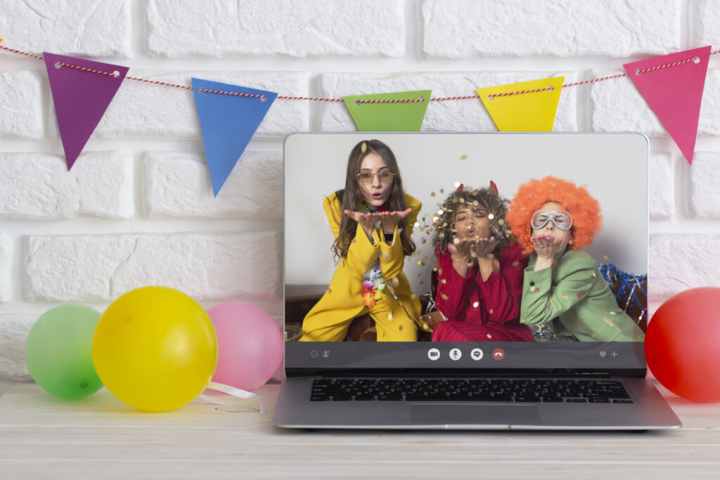 online party celebration with laptop