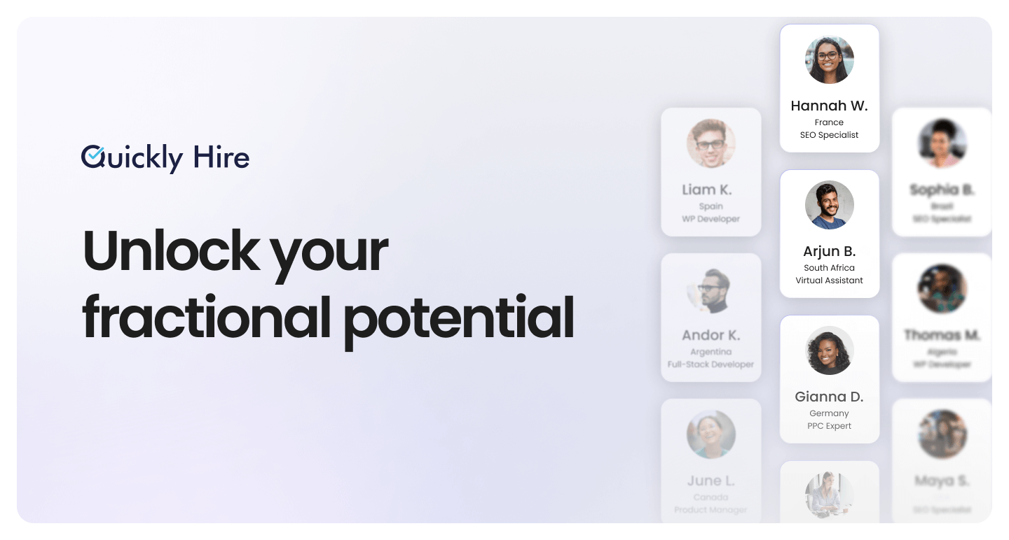 Text of "unlock your fractional potential" with cards of fractional professionals on the right of the screen that includes their images, names, country, and profession