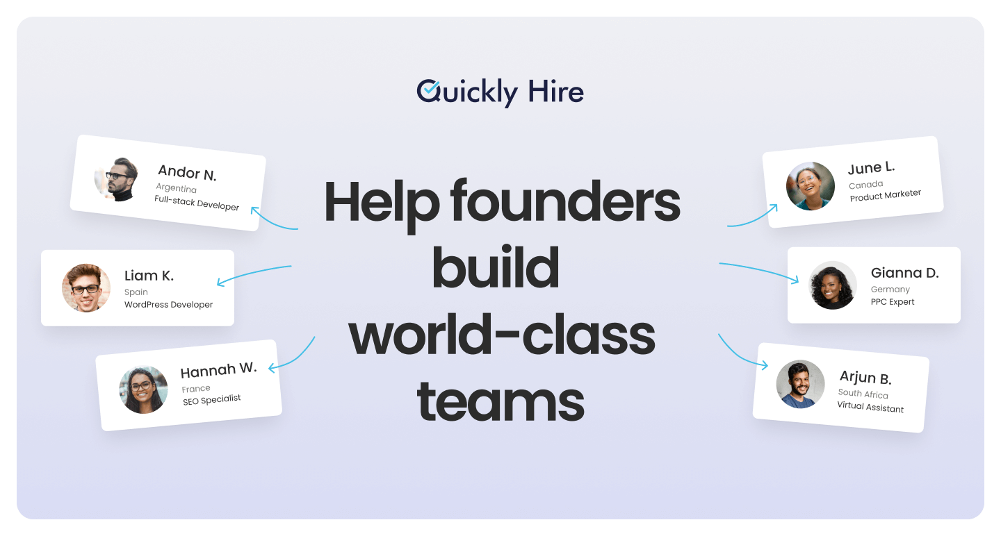 Text of "Help founders build world-class teams" surrounded by cards of fractional professionals with their image, name, country, and profession.