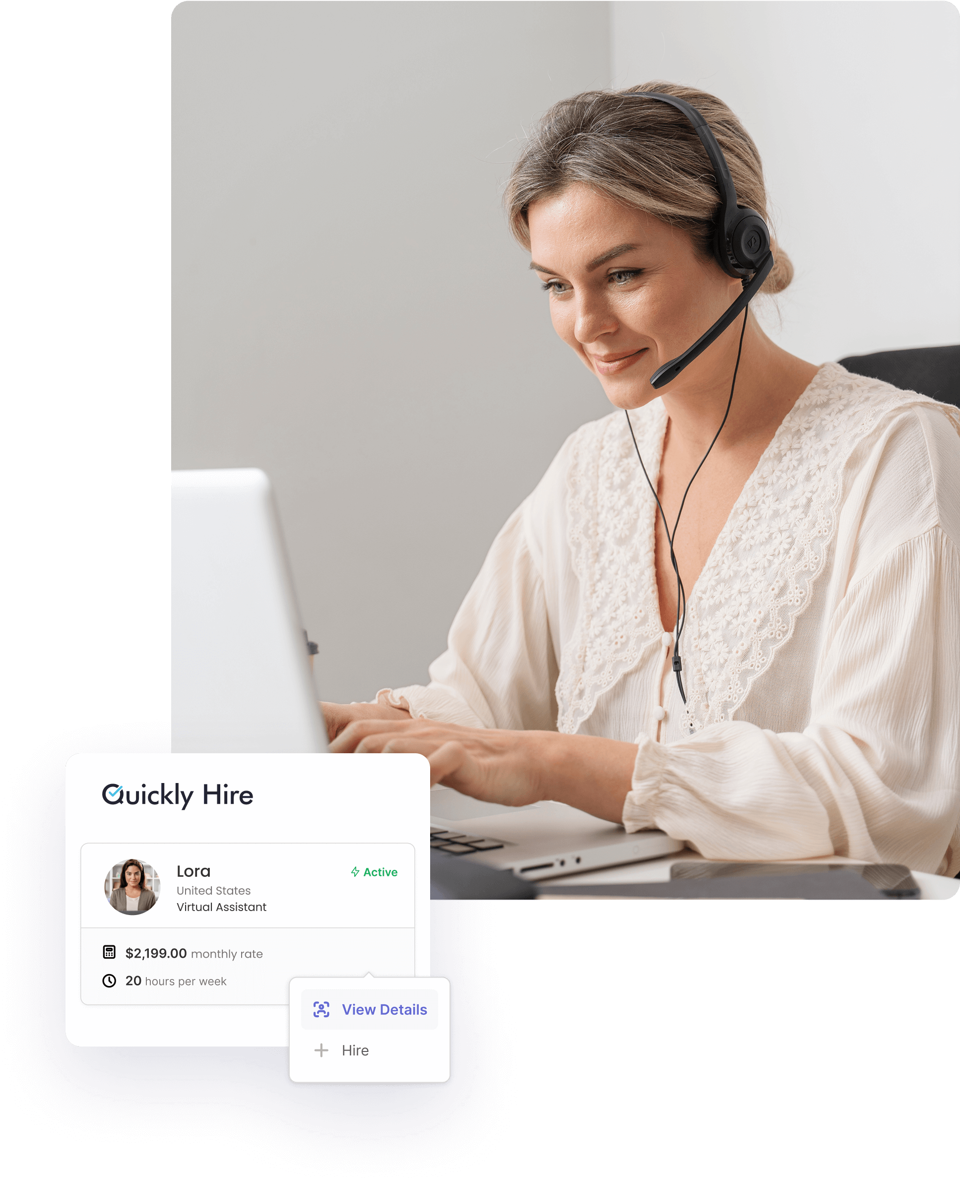 Virtual assistant activity Smiling virtual assistant working early in the day with a laptop