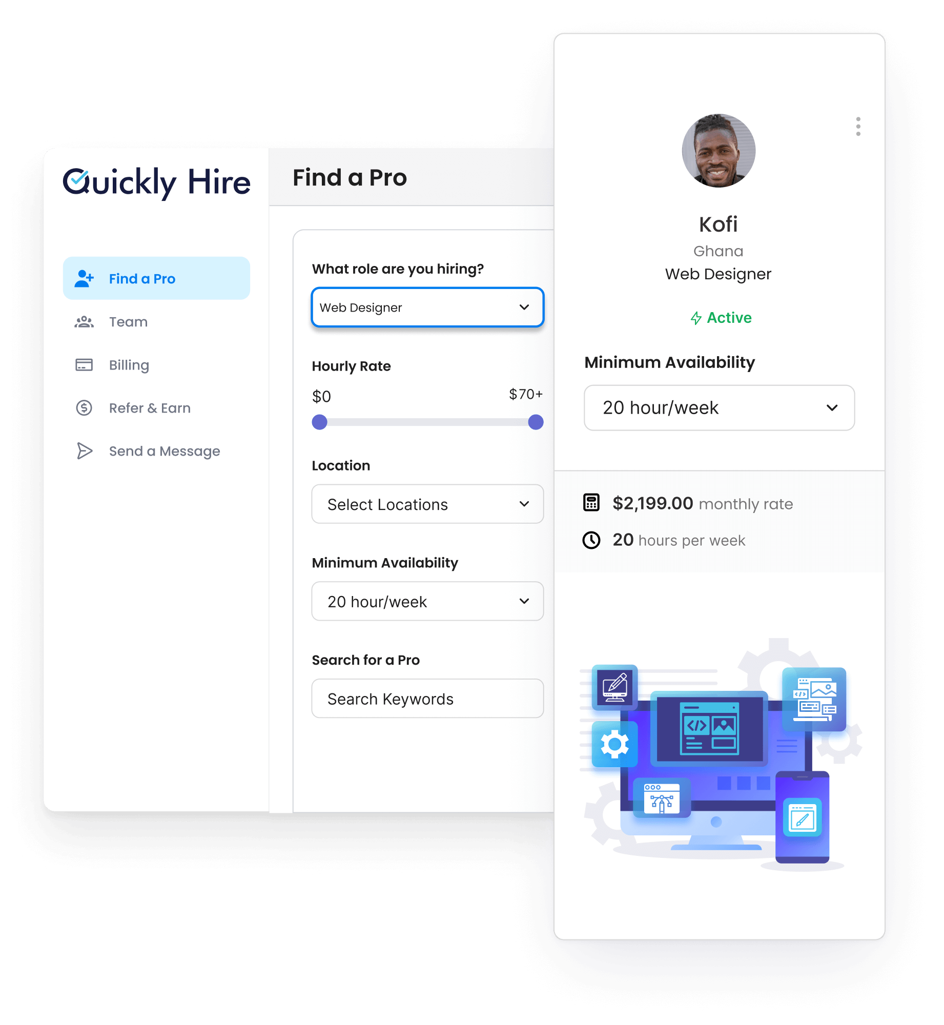 Interactive dashboard displaying web designer tools, tasks, and visual projects
