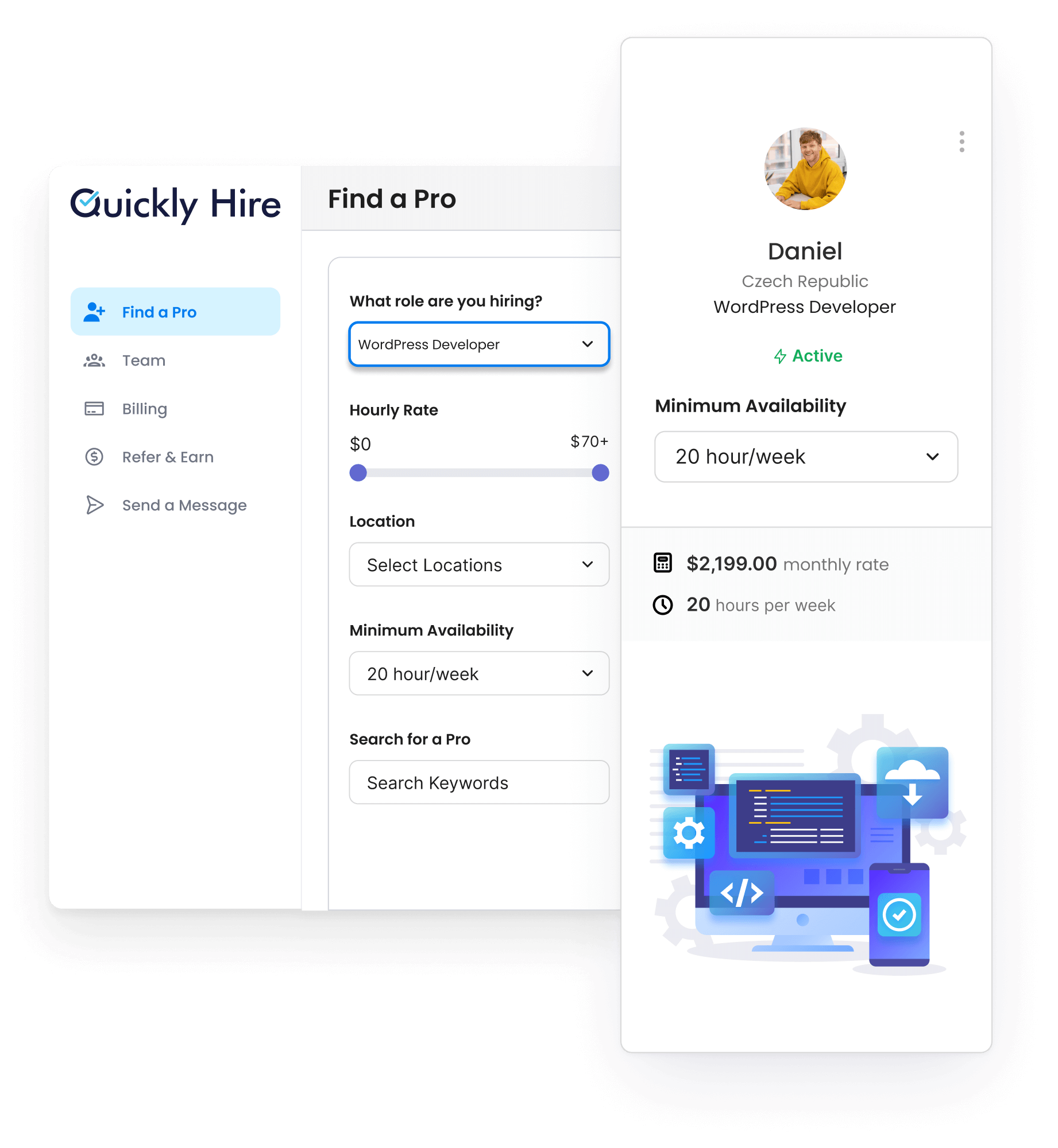 Interactive dashboard displaying wordpress developer tools, tasks, and visual projects